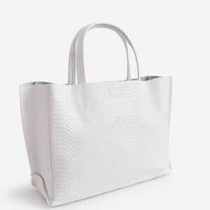 Ampersand As Apostrophe White Sideways Python Textured Leather Tote Bag